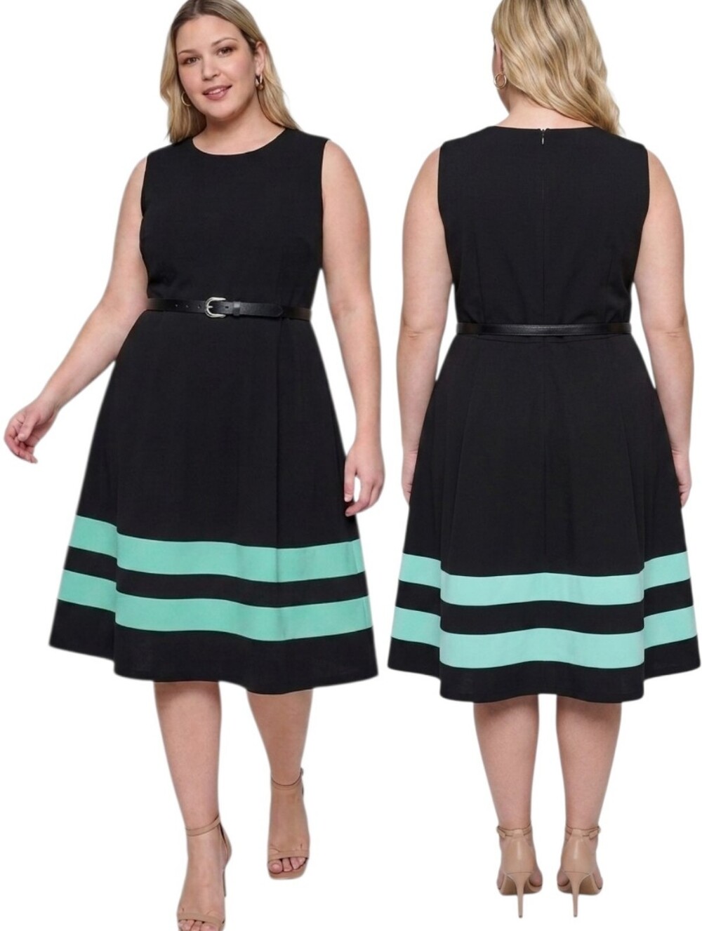 CALVIN KLEIN Ponte Knit Sleeveless Fit & Flare Belted Dress - Size 16W